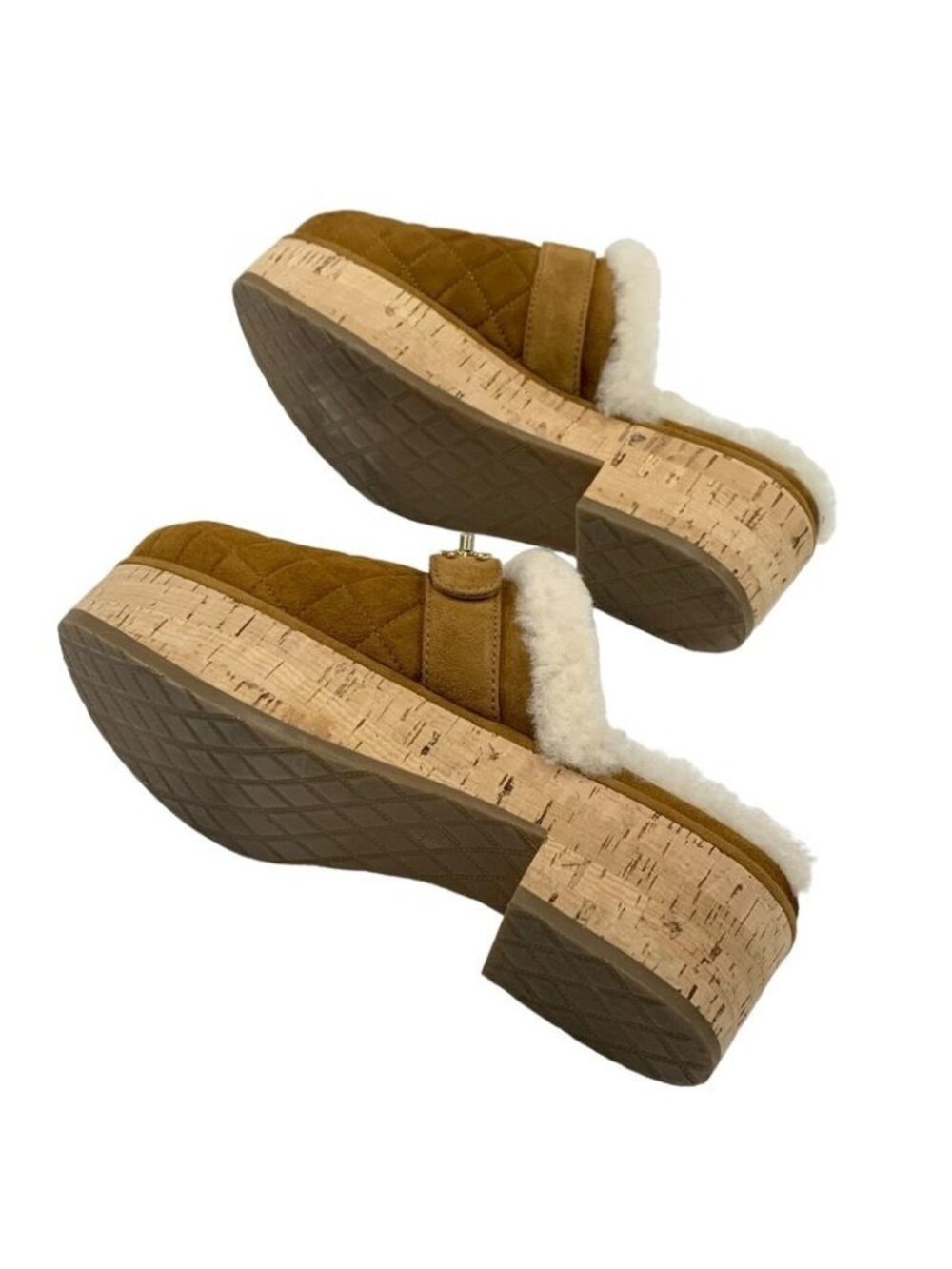 Chanel Sandals Shoes Suede Mouton Cork Brown Gold Clog Mules Turnlock Coco Mark - Picture 6 of 10